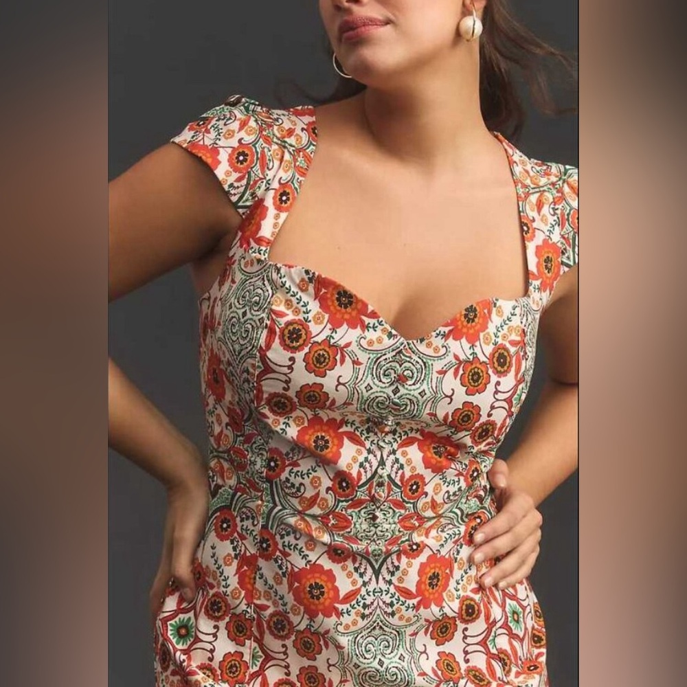 Anthropologie Mosaic Floral Midi Dress in Red, Green, Cream - Picture 3 of 15